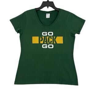Green Bay Packers T Shirt Womens Size Medium Green V Neck NFL Graphic Go Pack Go